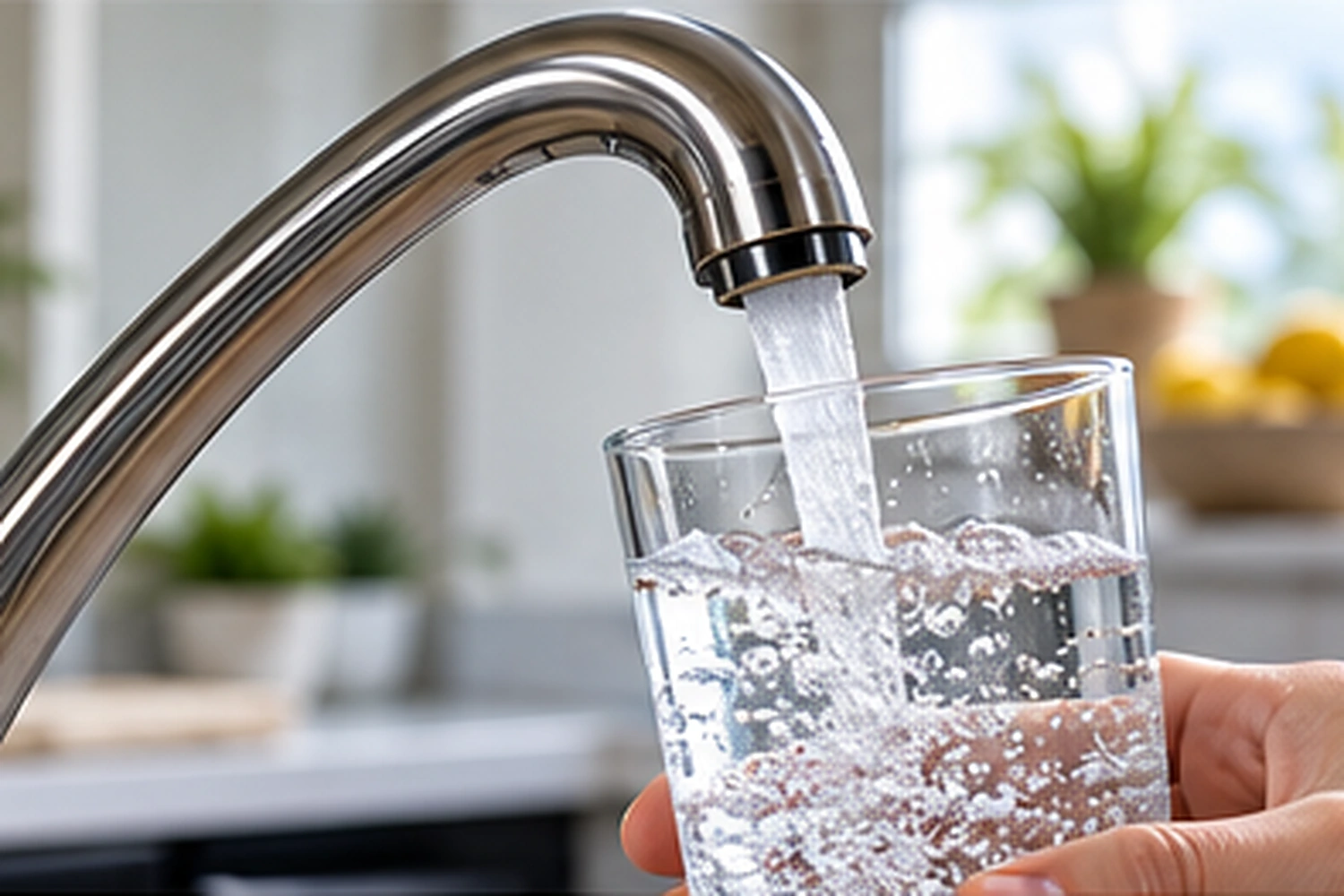 Clear tap water being collected in a glass