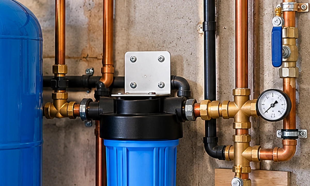 Residential water piping, shutoff valves and pressure gauge